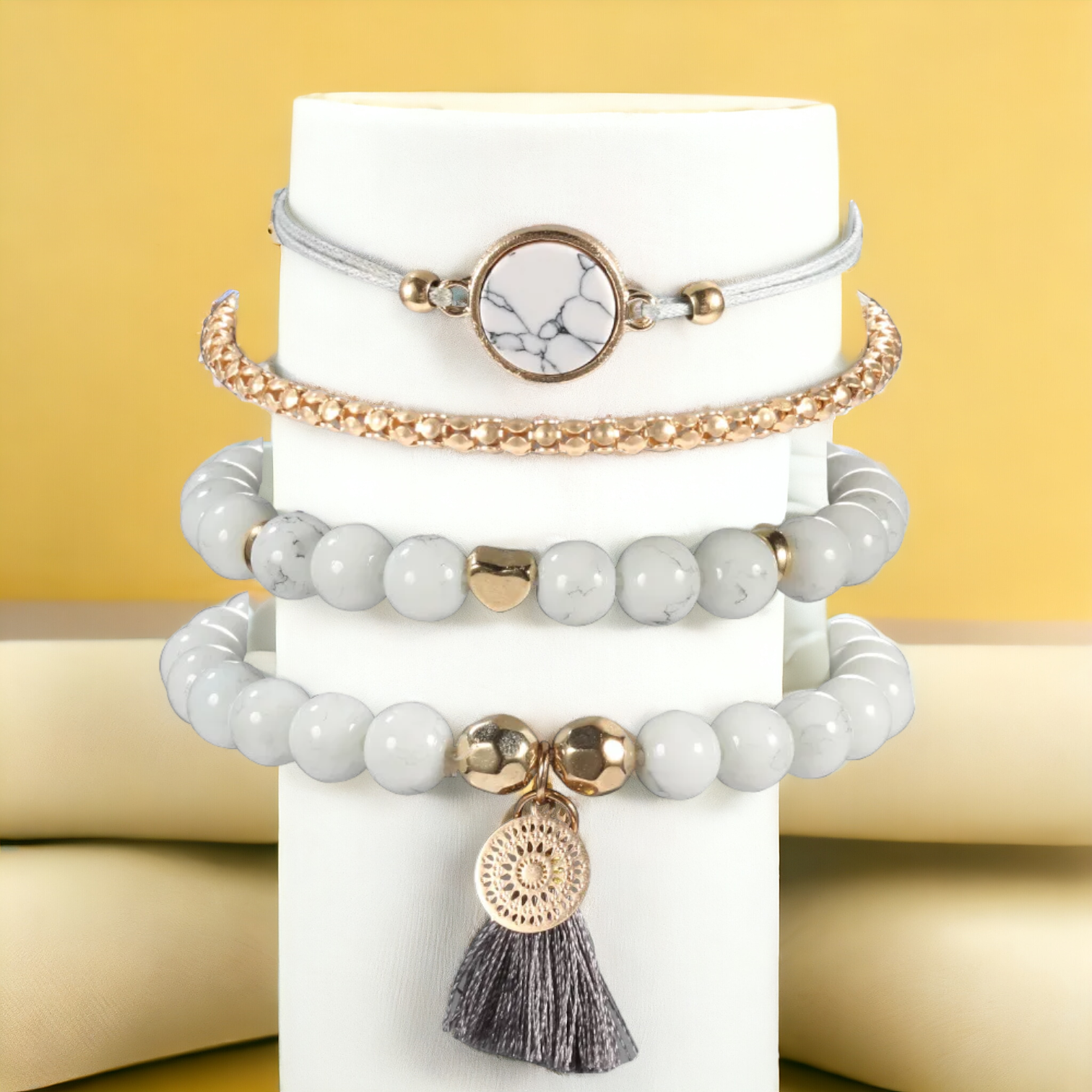 SobPai 4pcs/Set Bohemian Stone Beads Chains Bracelets Set for Women - Metal Heart, Round Tassel Charm Bangle Fashion Jewelry - Multiple Colors Available