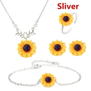 SobPai 5pcs/lot Jewellery Set for Women - Sunflower Accessories Set Including Necklace, Earrings, Ring, and Bracelet - Perfect Gifts for Women and Girls