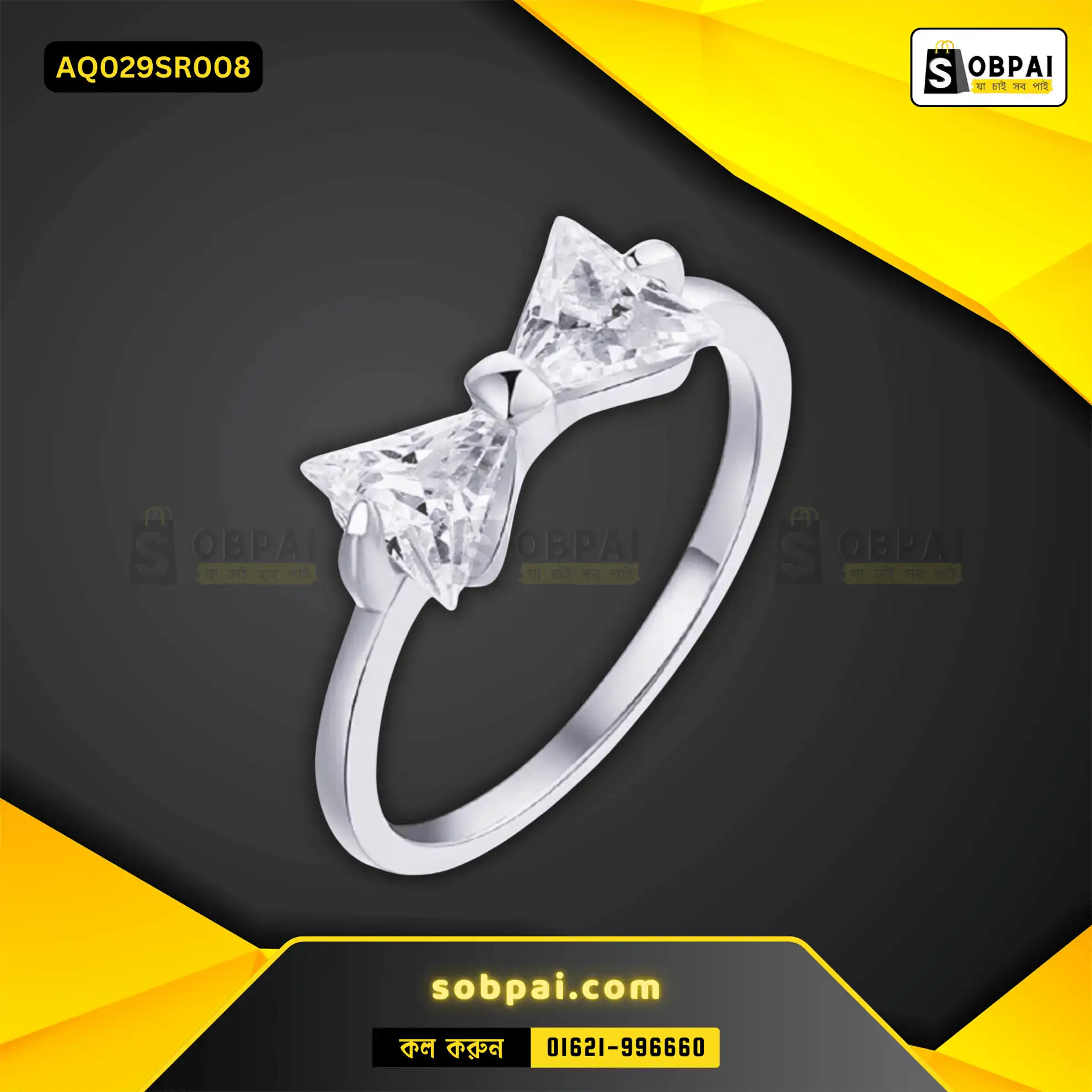 Elegant Bow Crystal Stainless Steel Ring (Silver - 8) - Image 3