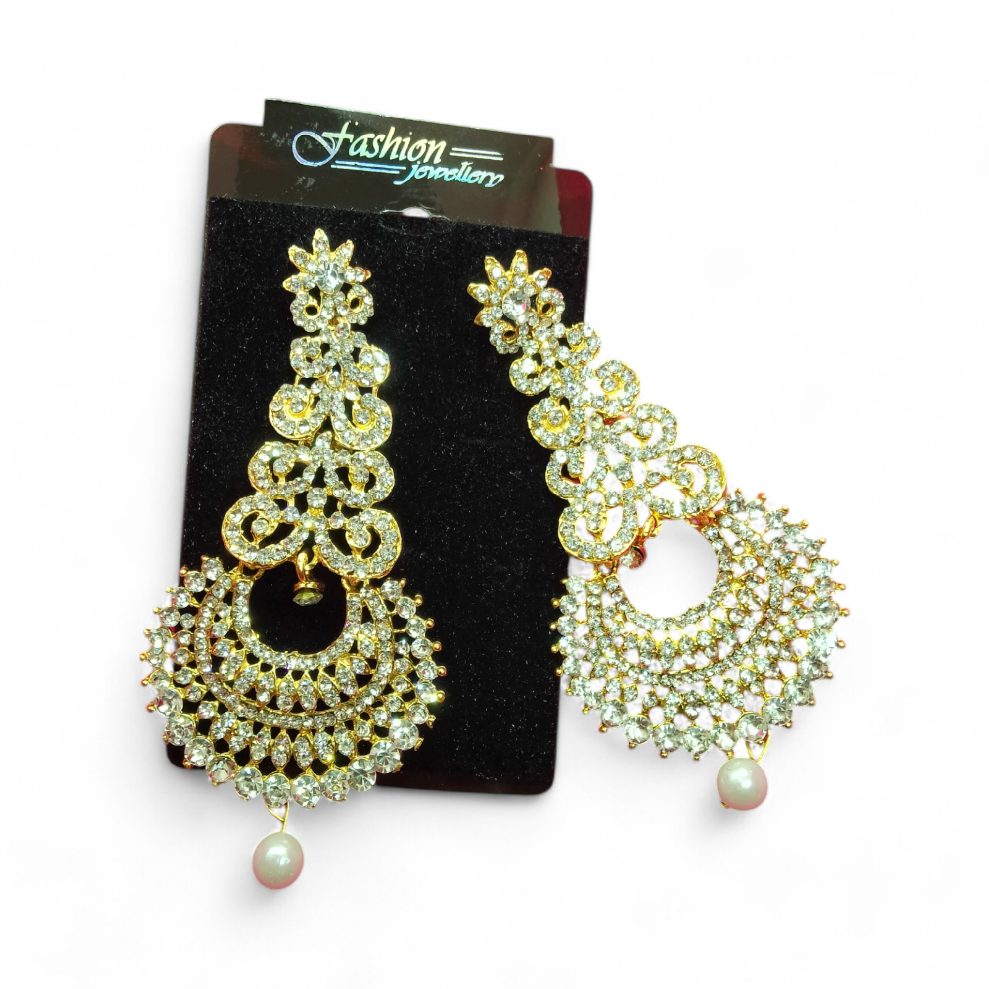Antique Gold Diamond White Stone Earrings - Image 2