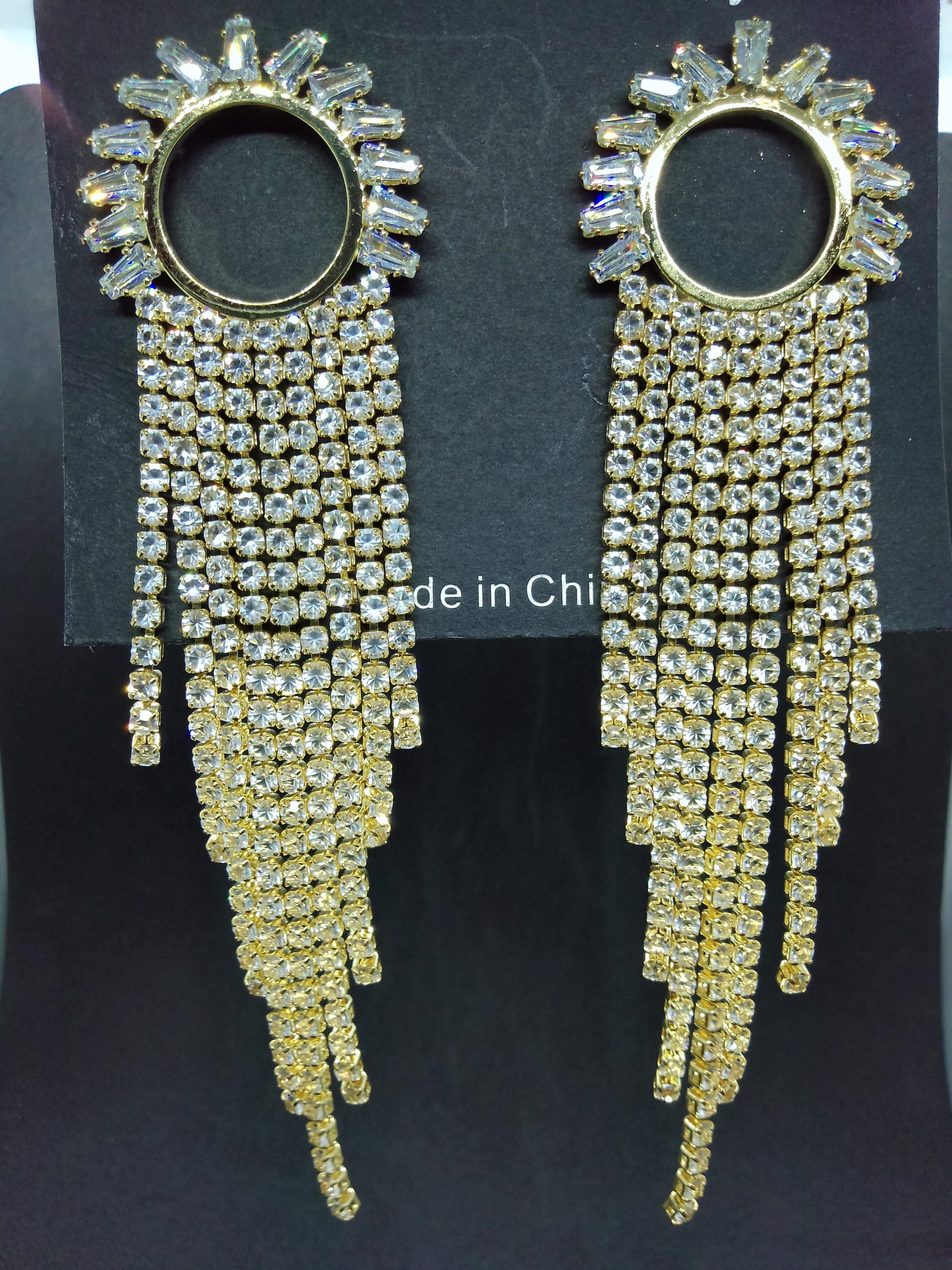Antique Gold Diamond White Stone Earrings Ring Long Drop Dangle Earrings - Image 2