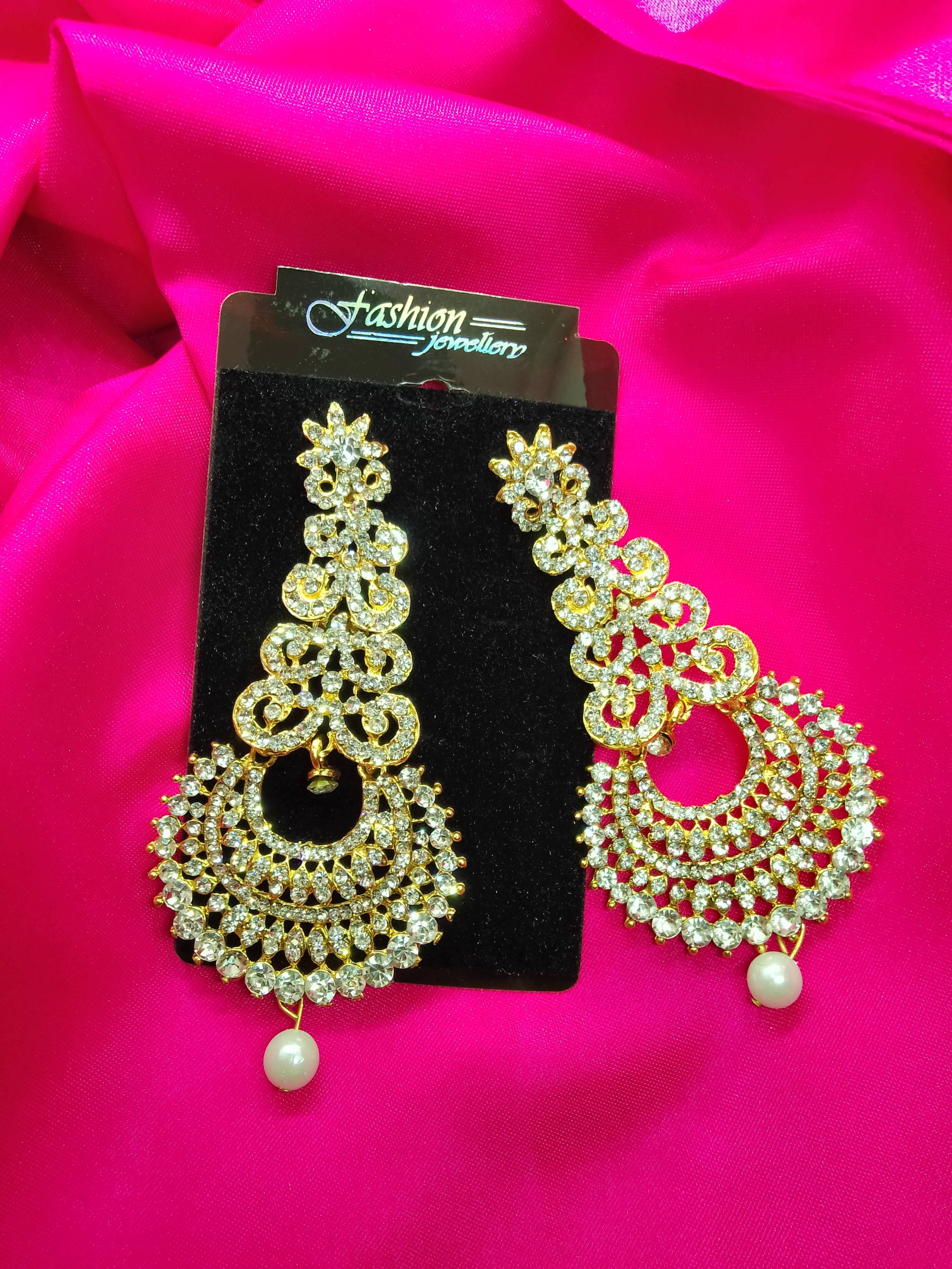 Antique Gold Diamond White Stone Earrings - Image 3