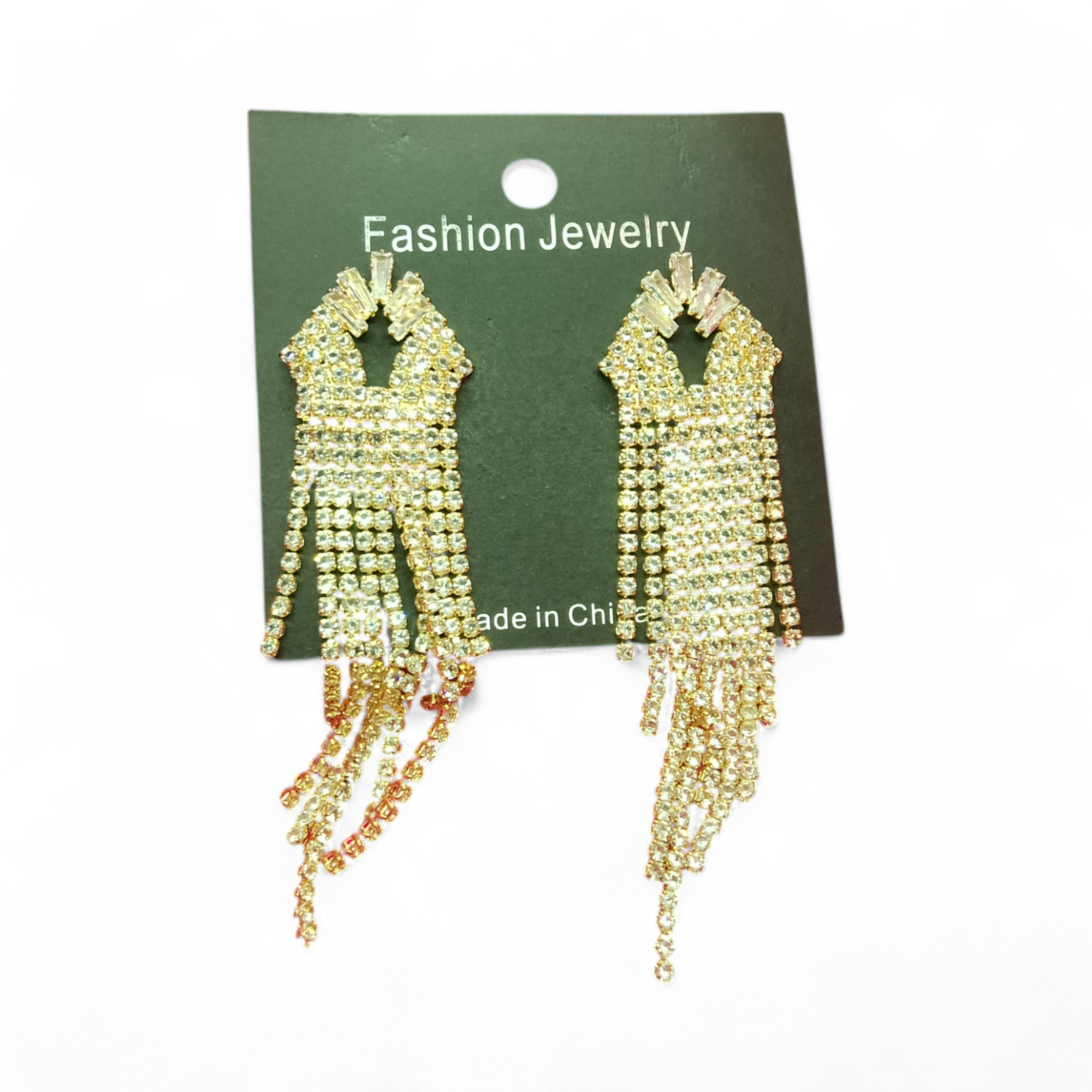 Antique Gold Diamond White Stone Long Chain Crystal Alloy Drops & Danglers Earrings - Image 2