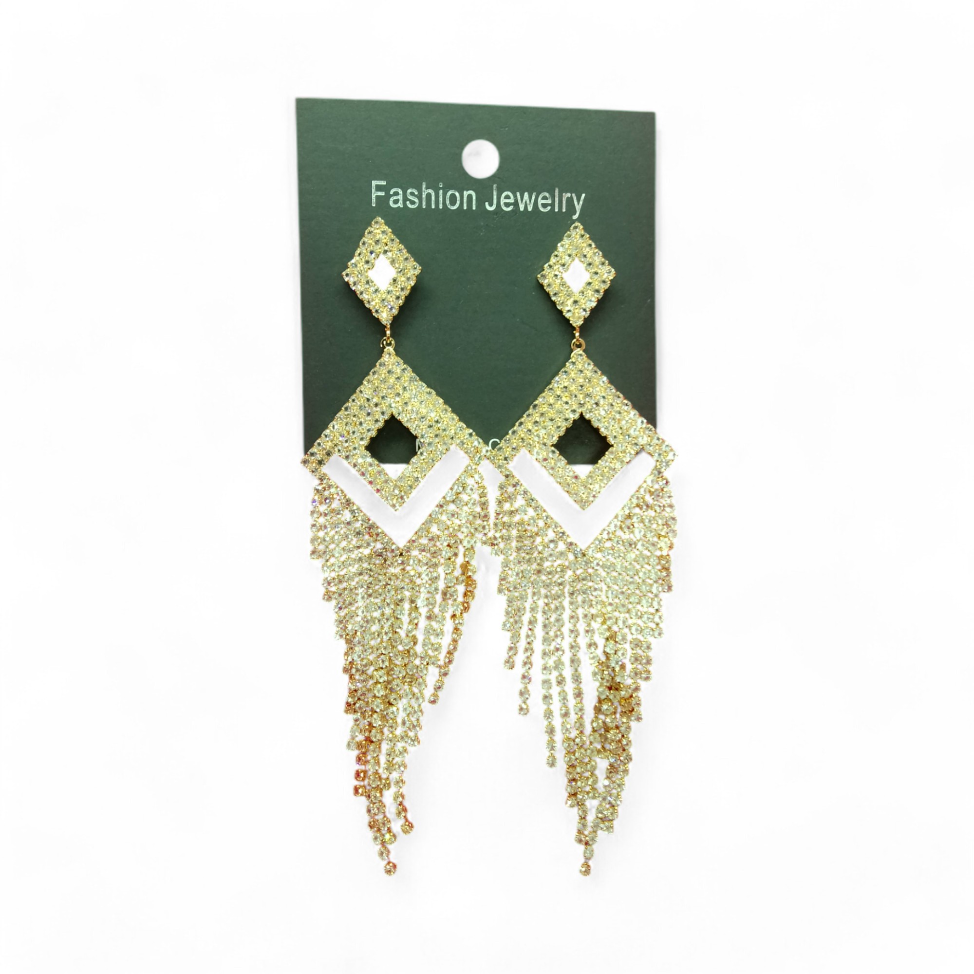 Antique Gold Diamond White Stone Long Drop Earrings - Image 2