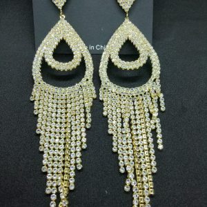 Antique Gold Diamond White Stone Long Tassel Crystal Eye Shape Drop Dangle Earrings