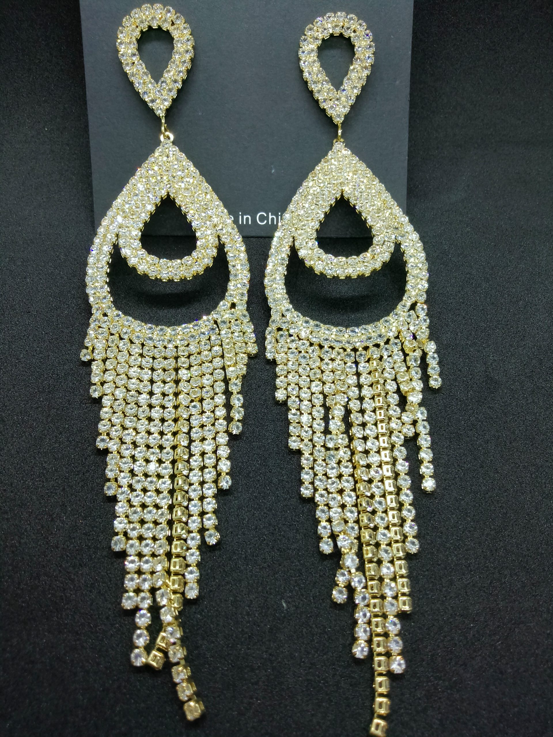 Antique Gold Diamond White Stone Long Tassel Crystal Eye Shape Drop Dangle Earrings - Image 2
