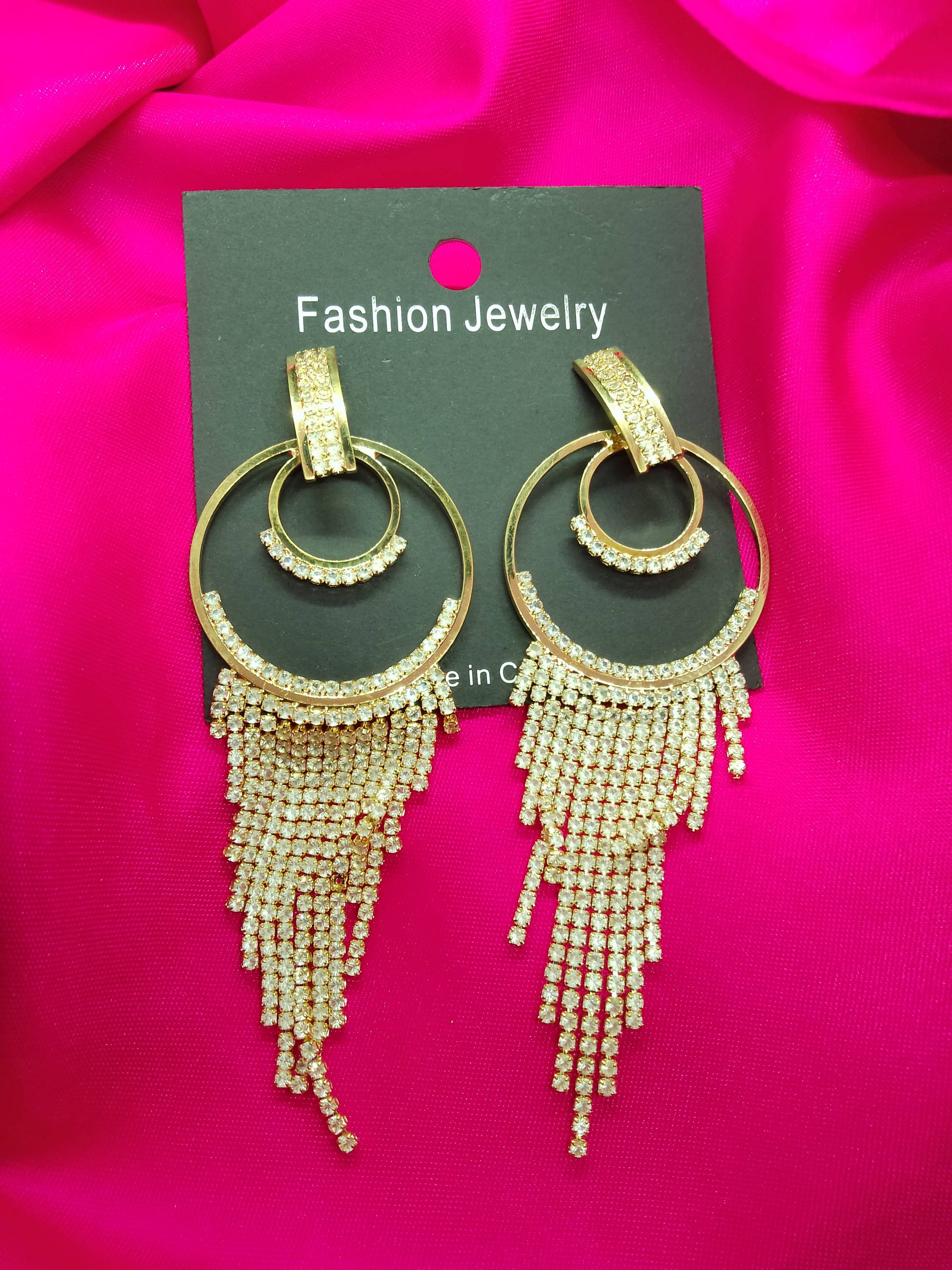 Antique Gold Diamond White Stone Tassel Drop Earrings - Image 2