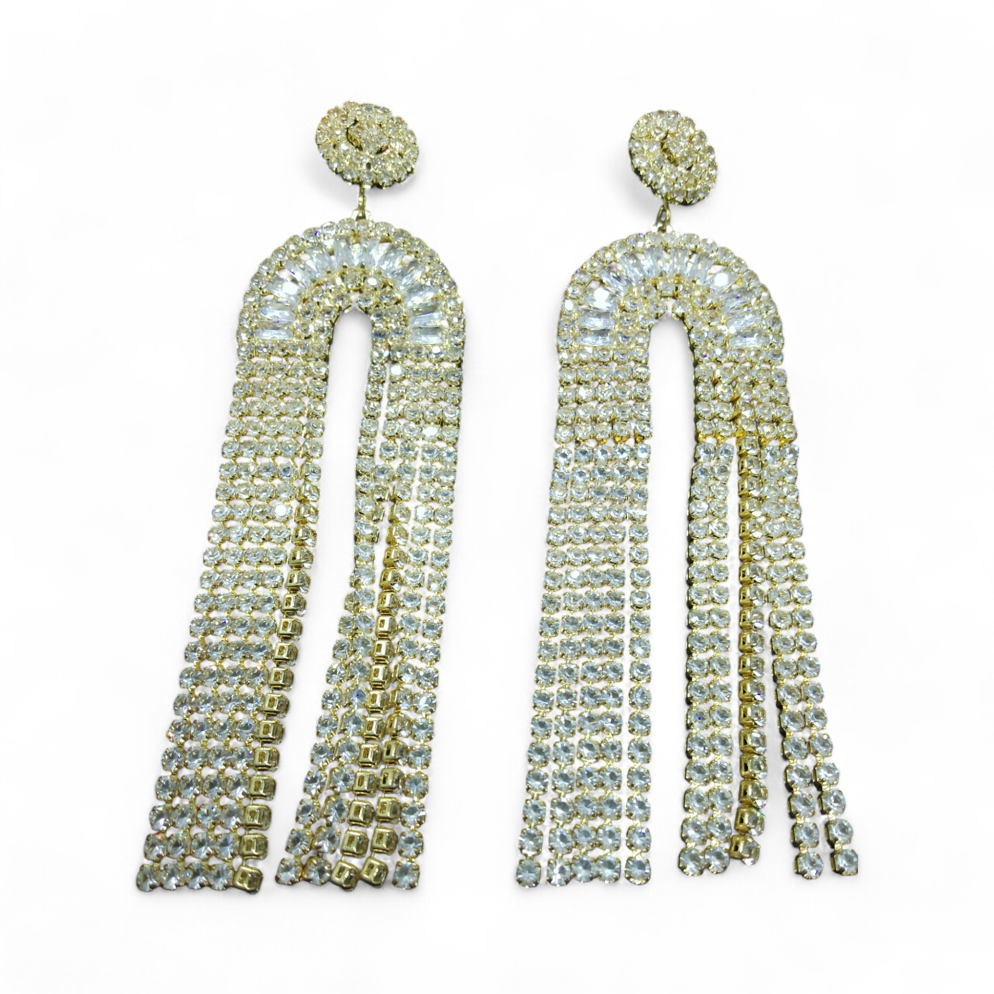 Antique Gold Diamond White Stone Tassel Drop Earrings - Image 2