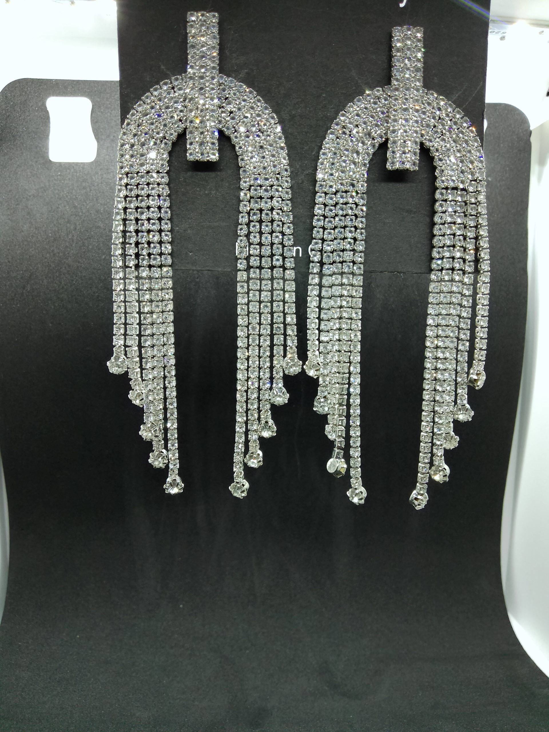 Antique Silver Diamond White Stone Long Chandelier Tassel Dangle Earrings - Image 3