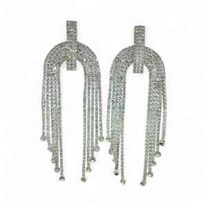 Antique Silver Diamond White Stone Long Chandelier Tassel Dangle Earrings