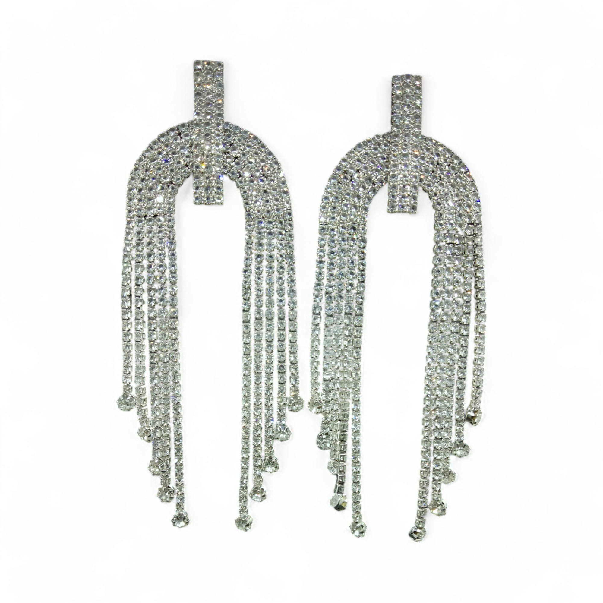 Antique Silver Diamond White Stone Long Chandelier Tassel Dangle Earrings - Image 2