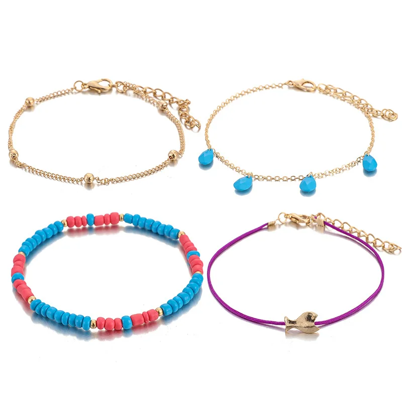 SobPai Boho Beaded Fish Drip Pendant Rope Anklets Set - Multi-layered 4 Pcs Bracelet Set for Women | Stylish Foot Chain Sandal Accessories | Waterproof and Durable | Perfect for Summer Beach Fashion - Image 2