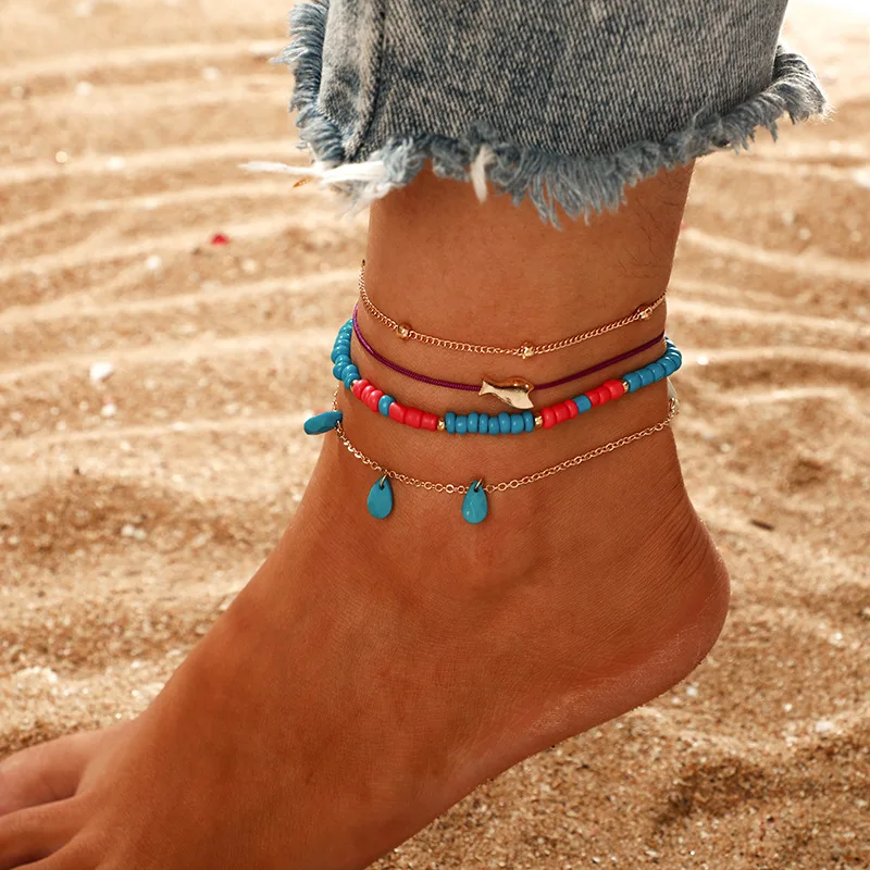 SobPai Boho Beaded Fish Drip Pendant Rope Anklets Set - Multi-layered 4 Pcs Bracelet Set for Women | Stylish Foot Chain Sandal Accessories | Waterproof and Durable | Perfect for Summer Beach Fashion - Image 3