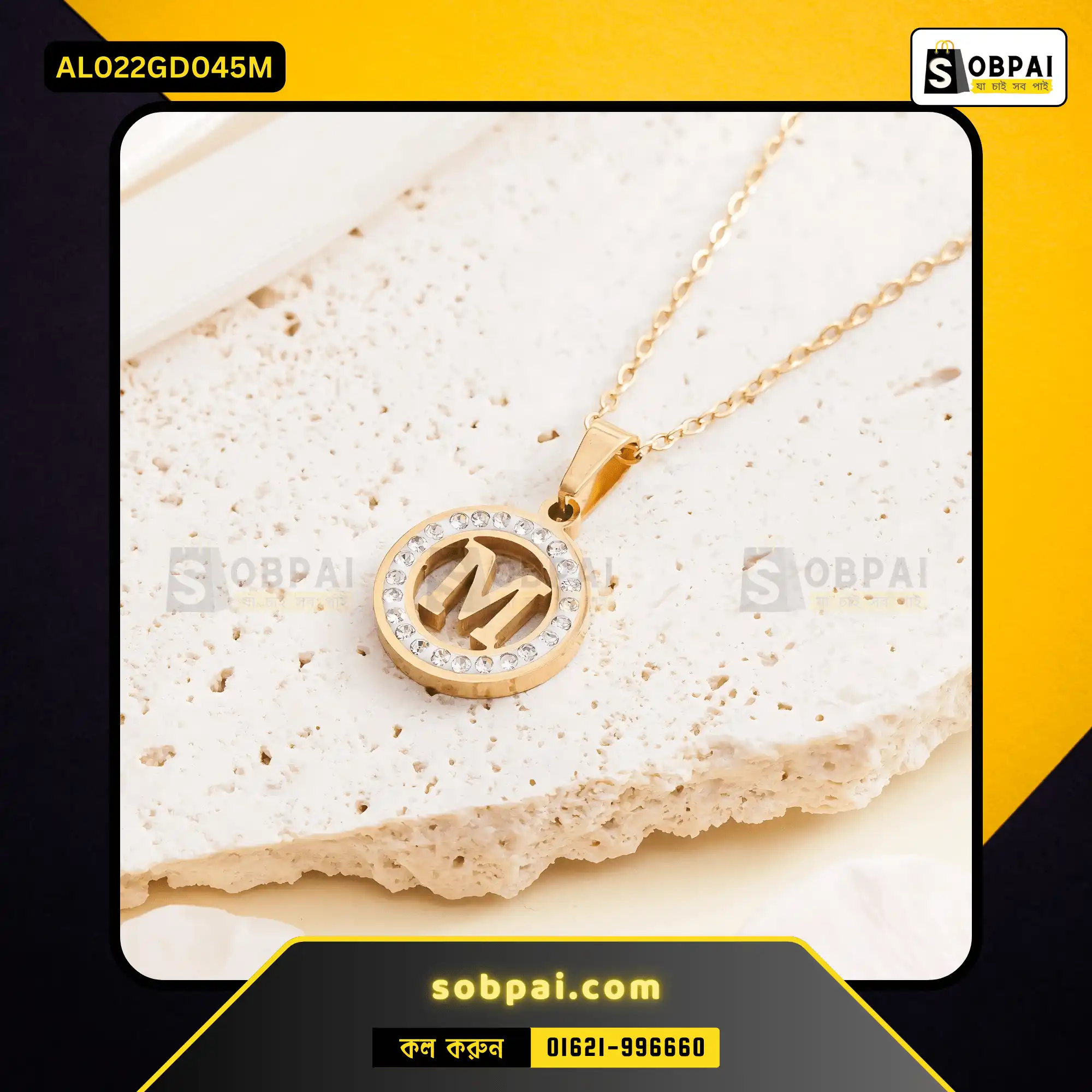 Trendy Stainless Steel Crystal M Necklace (Gold) - Image 4