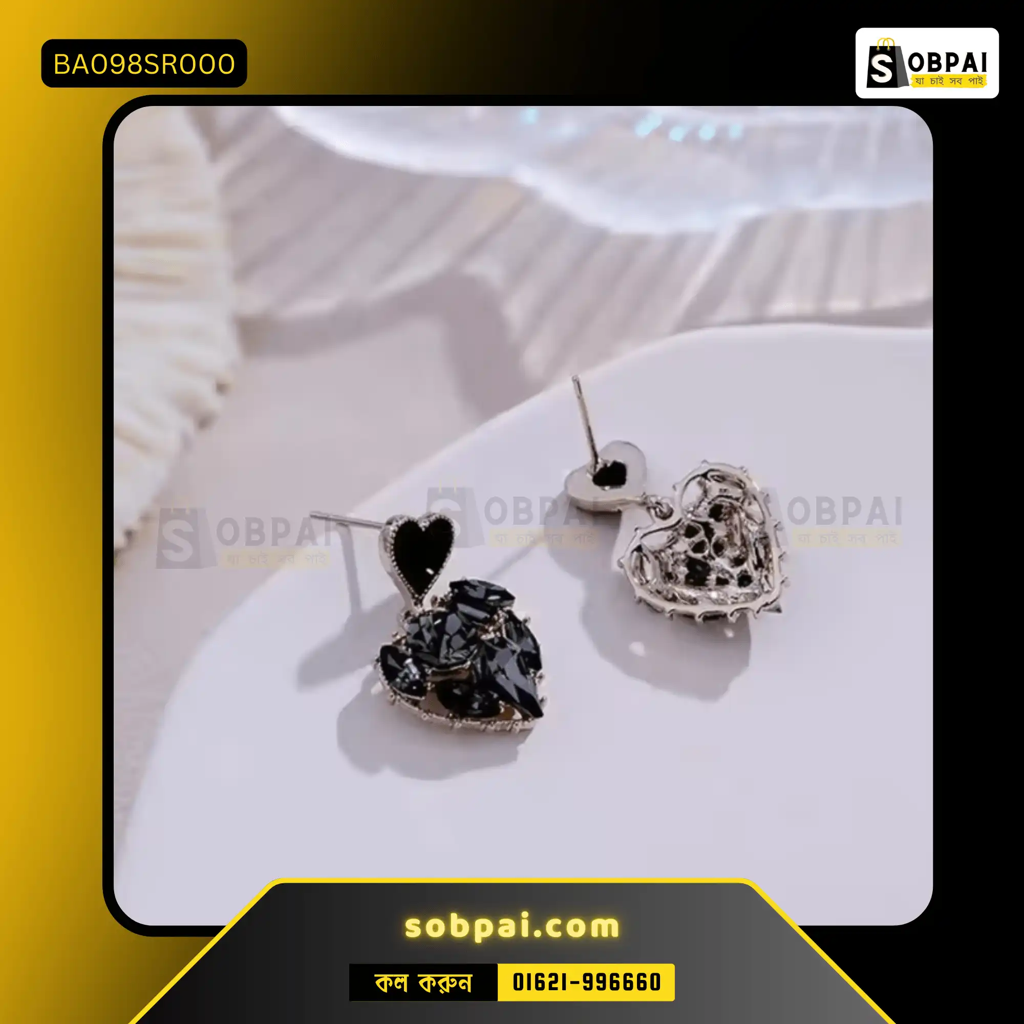 Elegant Black Rhinestone Heart Drop Earrings - Image 4