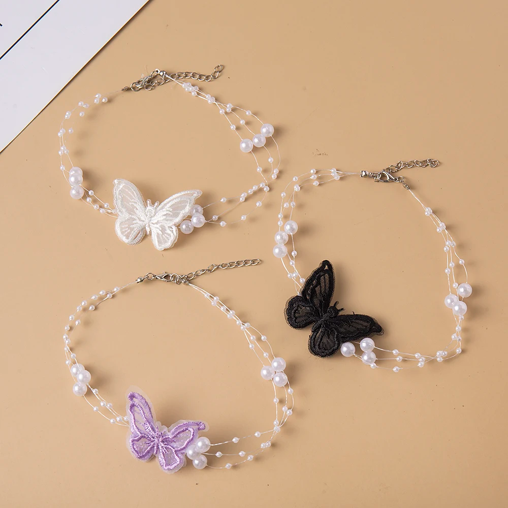 SobPai Elegant Multilayer Pearl Choker Necklace with Vintage Flower and Butterfly Motif, Acrylic Chain Necklace for Women - Perfect for Weddings, Parties, and Fashion Jewelry Gifts - Image 3