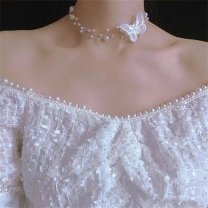 SobPai Elegant Multilayer Pearl Choker Necklace with Vintage Flower and Butterfly Motif, Acrylic Chain Necklace for Women - Perfect for Weddings, Parties, and Fashion Jewelry Gifts