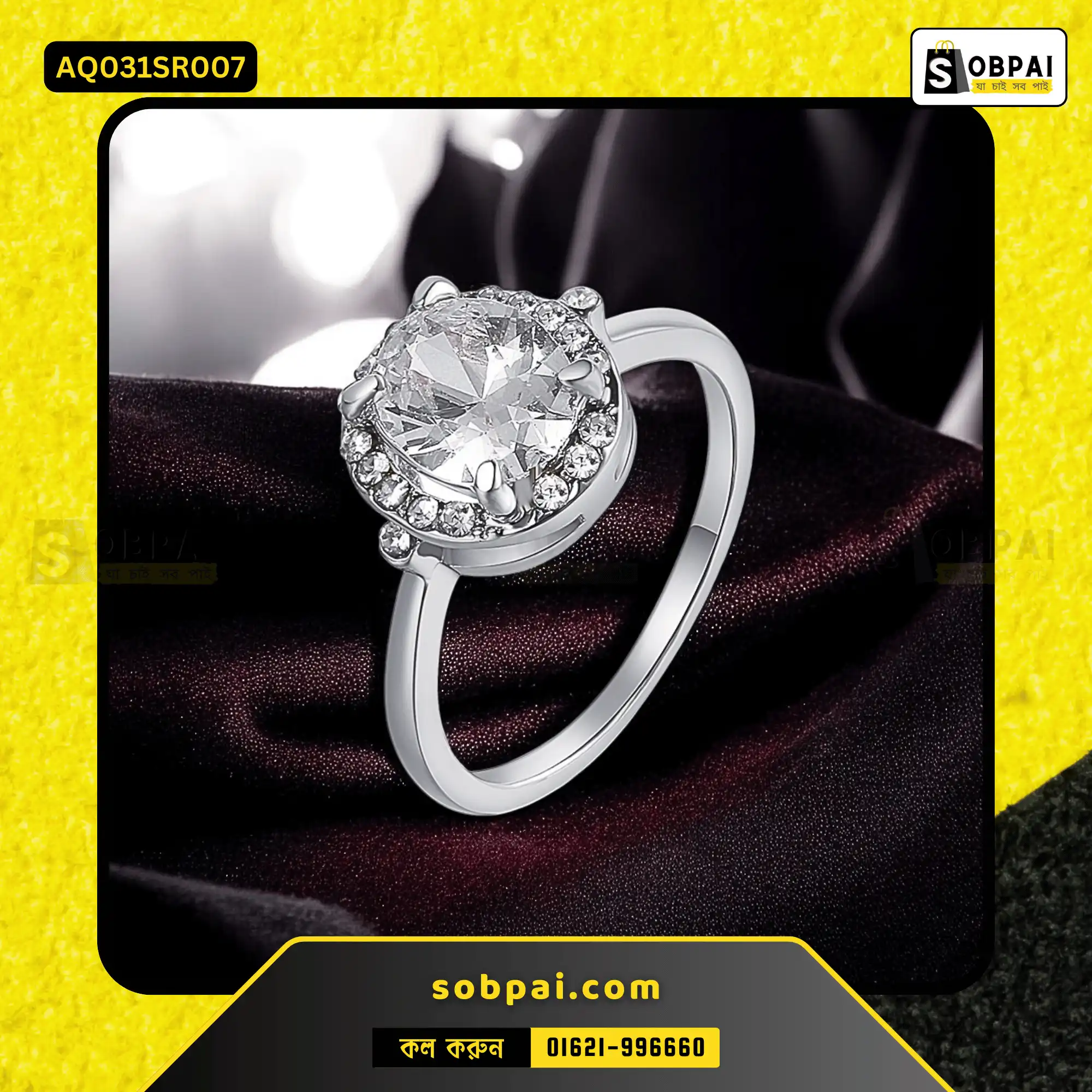 Elegant Round Crystal Stainless Steel Ring (Silver - 7)