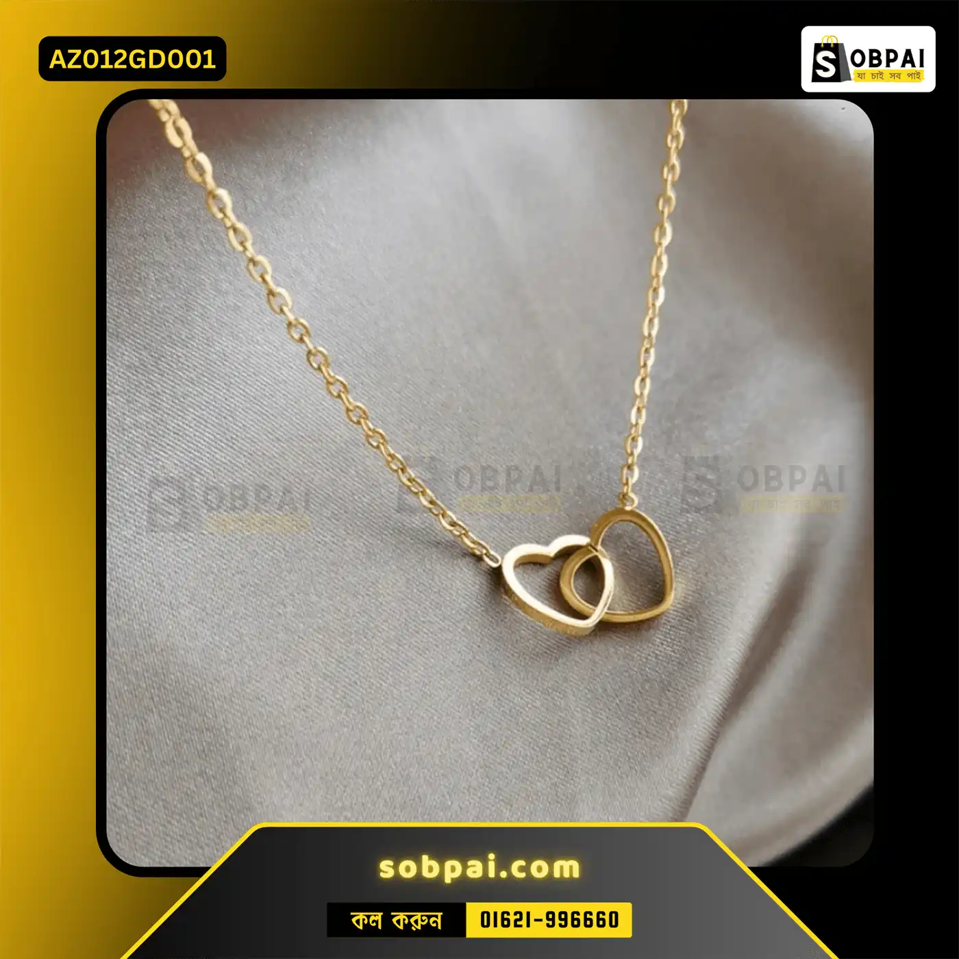 Double Heart Pendant Necklace for Women (Gold) - Image 3