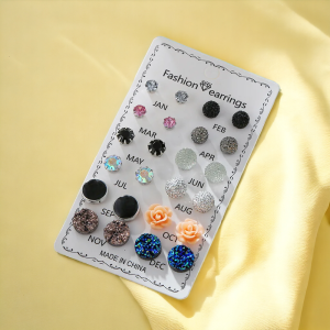 SobPai Fashion Silver Needle Moon Star Stud Earrings Set for Women and Girls - Trendy Charm Geometry Mini Simple Earring Jewelry, 12 Pair/Card, Zinc Alloy, Push-Back, Round Shape Pattern, 9 Metal Color Options