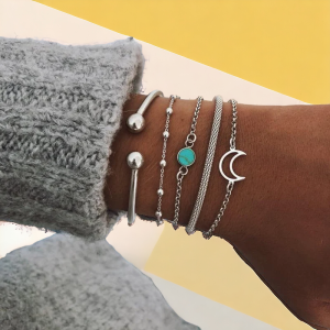 SobPai Fashion Geometric Stone Charm Bracelet Set for Women, Retro Silver Color Moon Wrist Chain, Open Bangle, Trendy Boho Jewelry