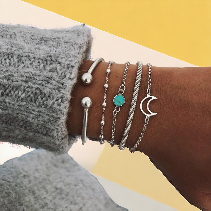 SobPai Fashion Geometric Stone Charm Bracelet Set for Women, Retro Silver Color Moon Wrist Chain, Open Bangle, Trendy Boho Jewelry