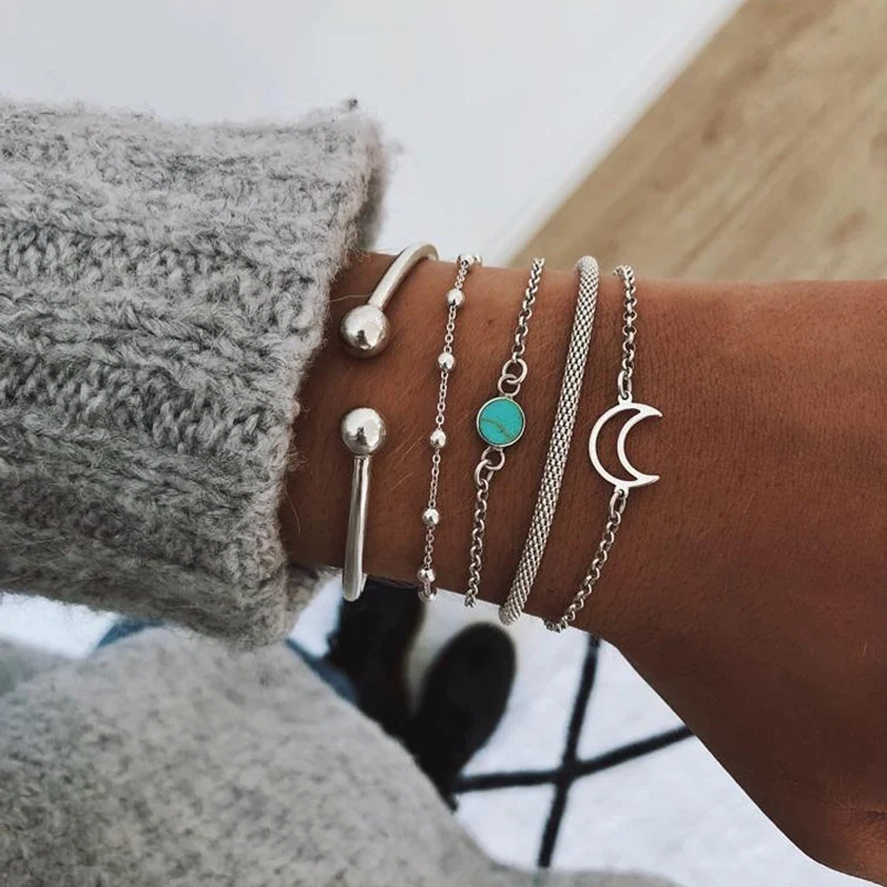 SobPai Fashion Geometric Stone Charm Bracelet Set for Women, Retro Silver Color Moon Wrist Chain, Open Bangle, Trendy Boho Jewelry - Image 3