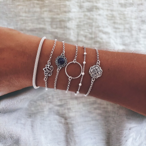 SobPai Retro Silver Color Geometric Stone Charm Bracelet Set for Women ? Trendy Boho Jewelry with Moon Wrist Chain, Open Bangle, Sleep Tracker, and Message Reminder Functionality