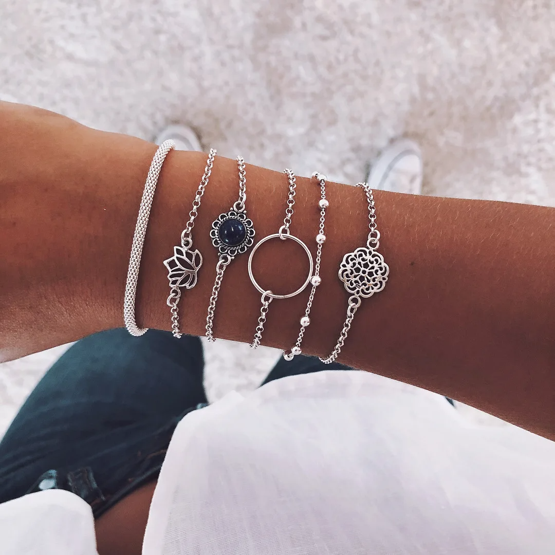 SobPai Retro Silver Color Geometric Stone Charm Bracelet Set for Women ? Trendy Boho Jewelry with Moon Wrist Chain, Open Bangle, Sleep Tracker, and Message Reminder Functionality - Image 3