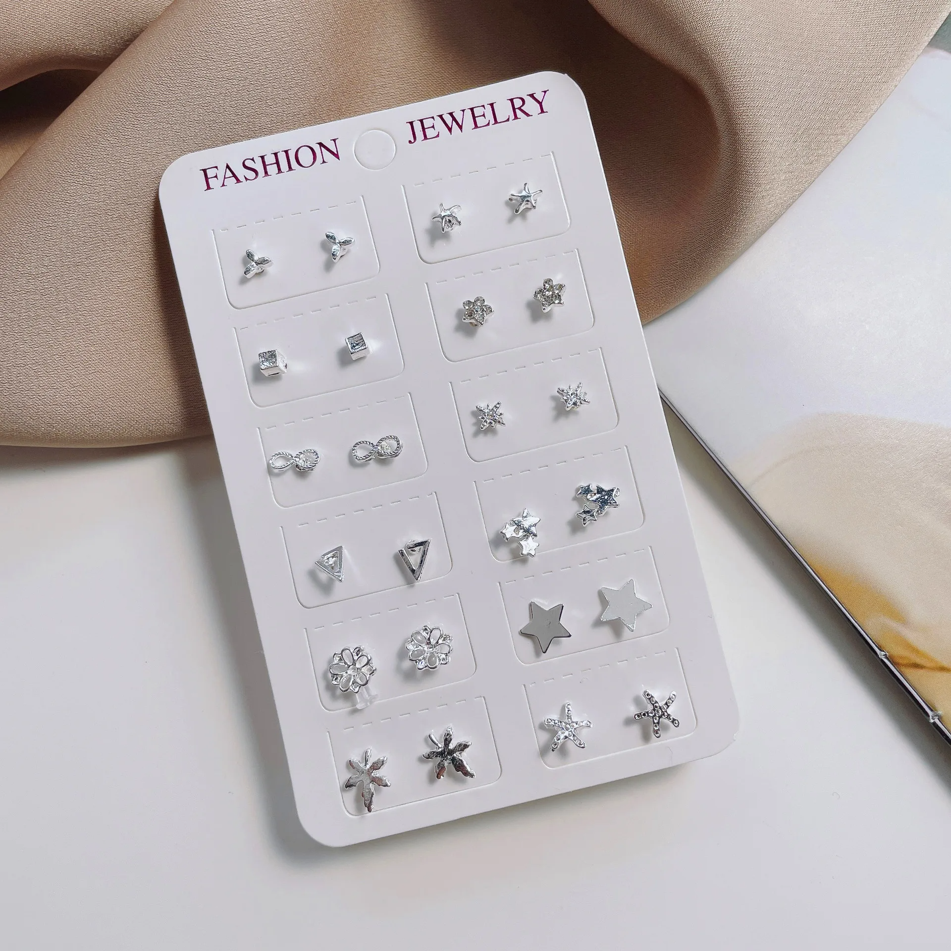 SobPai Fashion Silver Needle Moon Star Stud Earrings Set for Women and Girls - Trendy Charm Geometry Mini Simple Earring Jewelry, 12 Pair/Card, Zinc Alloy, Push-Back, Round Shape Pattern, 9 Metal Color Options - Image 2