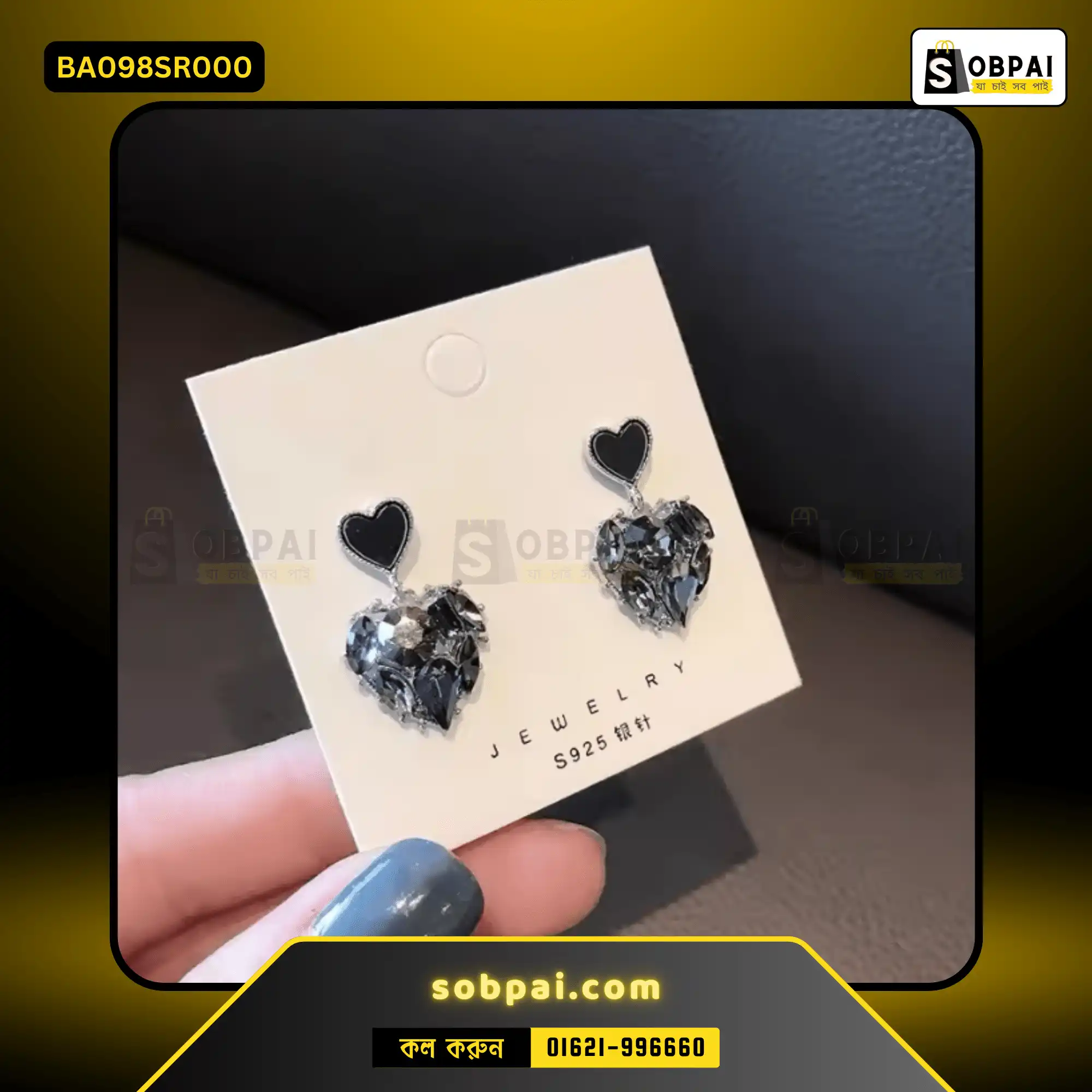 Elegant Black Rhinestone Heart Drop Earrings - Image 3