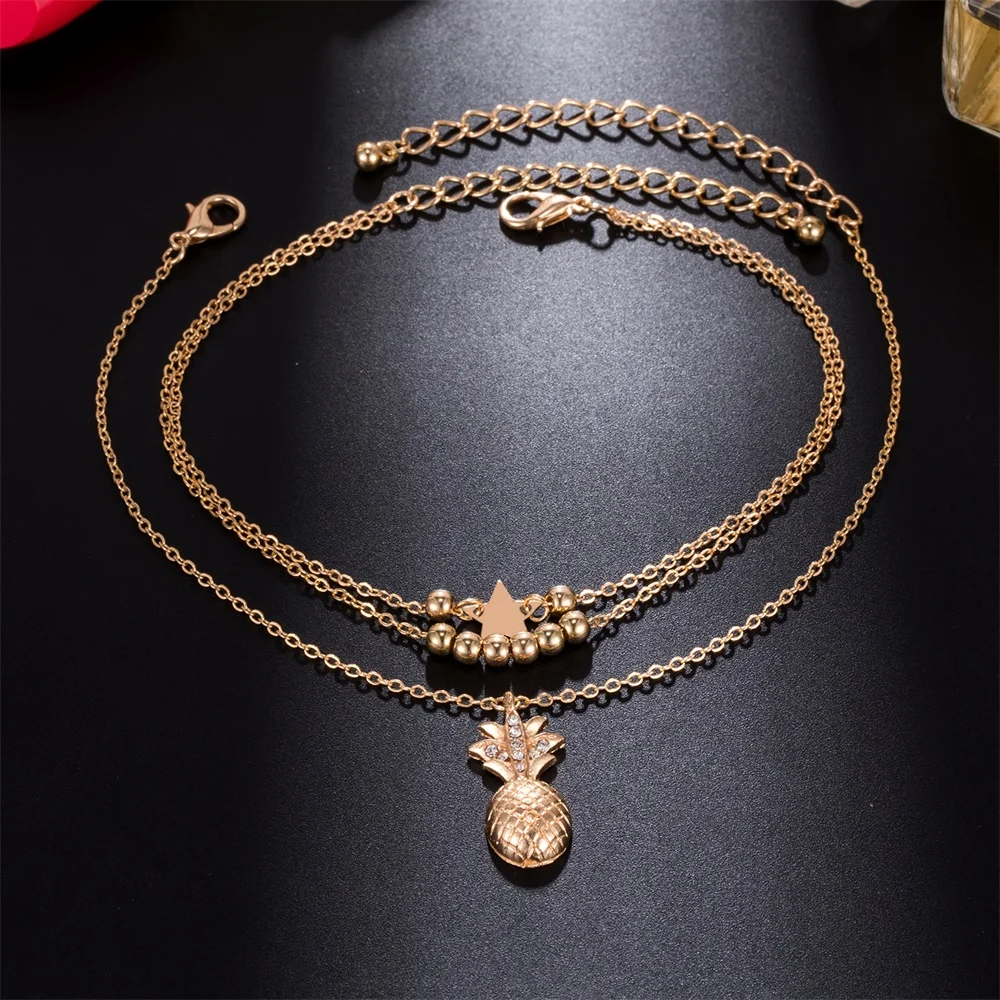 SobPai Bohemian Pineapple Pendant Anklet for Women - Summer Beach Style Beaded Ankle Bracelet - Fashion Foot Jewelry in Gold and Silver - Perfect for 2024 Season with Versatile Design Options