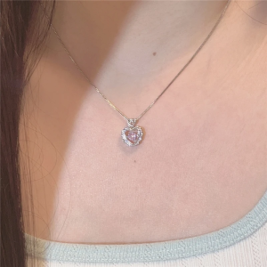 SobPai Korean Fashion Hollow Pink Crystal Heart Pendant Necklace with Silver Color Chain for Women, Wedding Aesthetic Jewelry