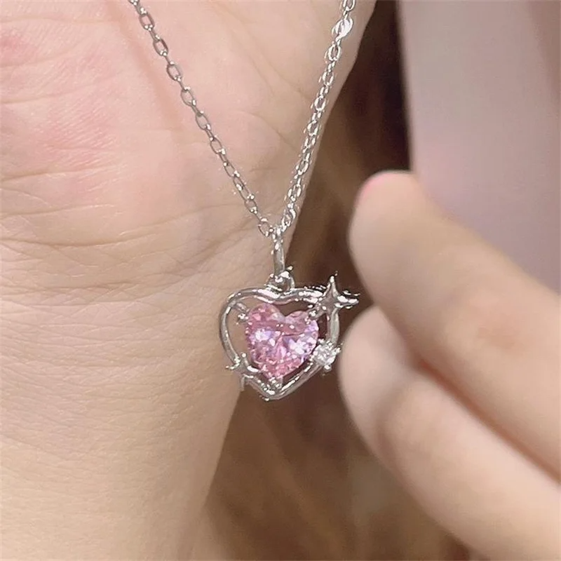 SobPai Korean Fashion Hollow Pink Crystal Heart Pendant Necklace with Silver Color Chain for Women, Wedding Aesthetic Jewelry - Image 3