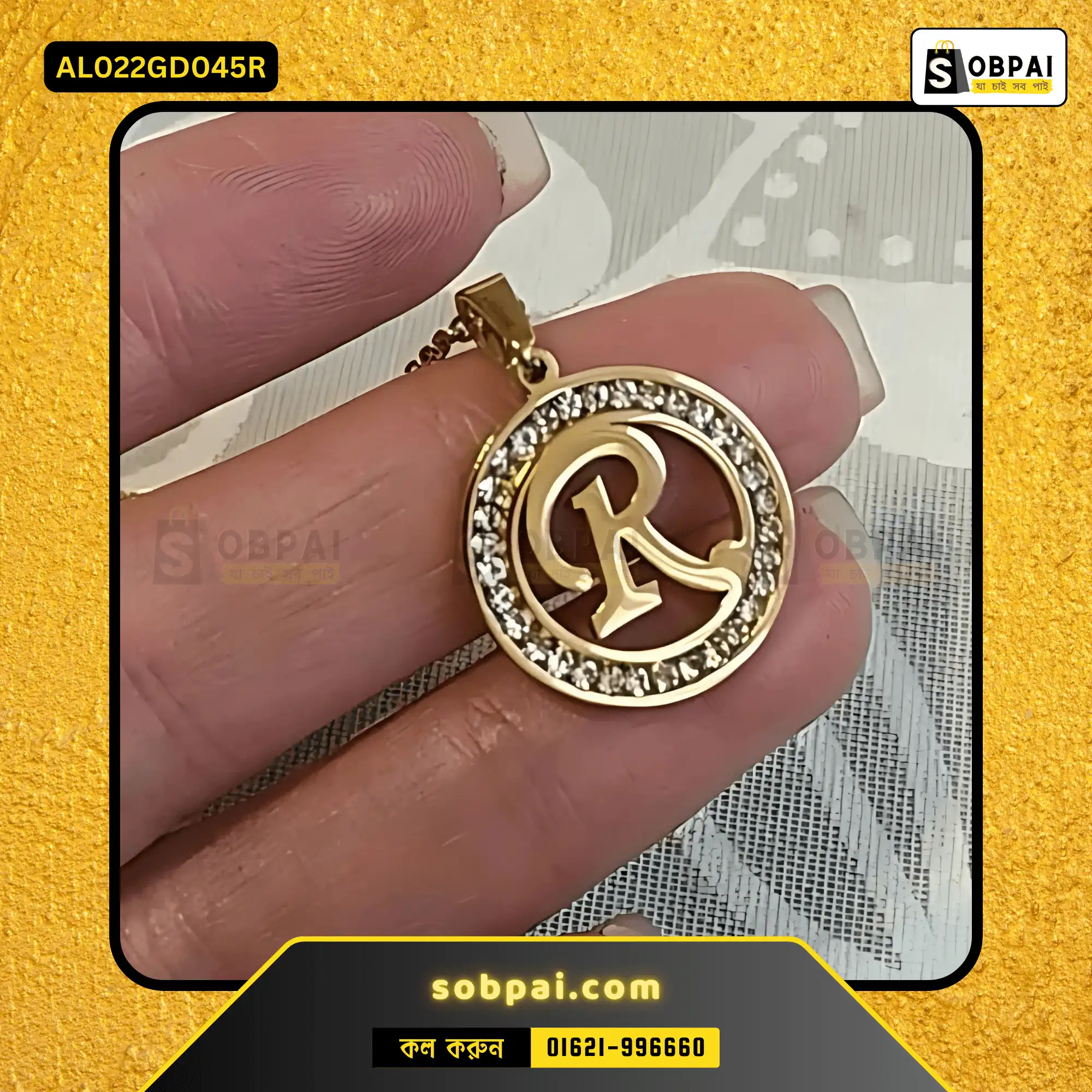 Trendy Stainless Steel Crystal R Necklace (Gold) - Image 2