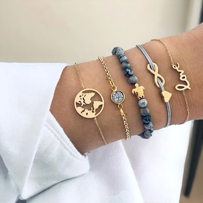 New Fashion Gothic Black Feather Bracelets Set For Women - Heart Charm Bangles, Female Wrist Chain Bracelets, Boho Jewelry by SobPai