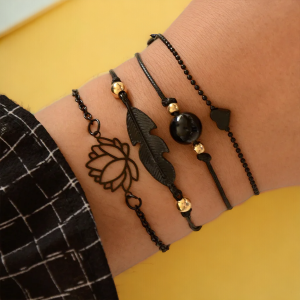 New Fashion Gothic Black Feather Bracelets Set for Women Heart Charm Bangles Female Wrist Chain Bracelets Boho Jewelry - Elegant and Stylish Gothic Accessories by SobPai