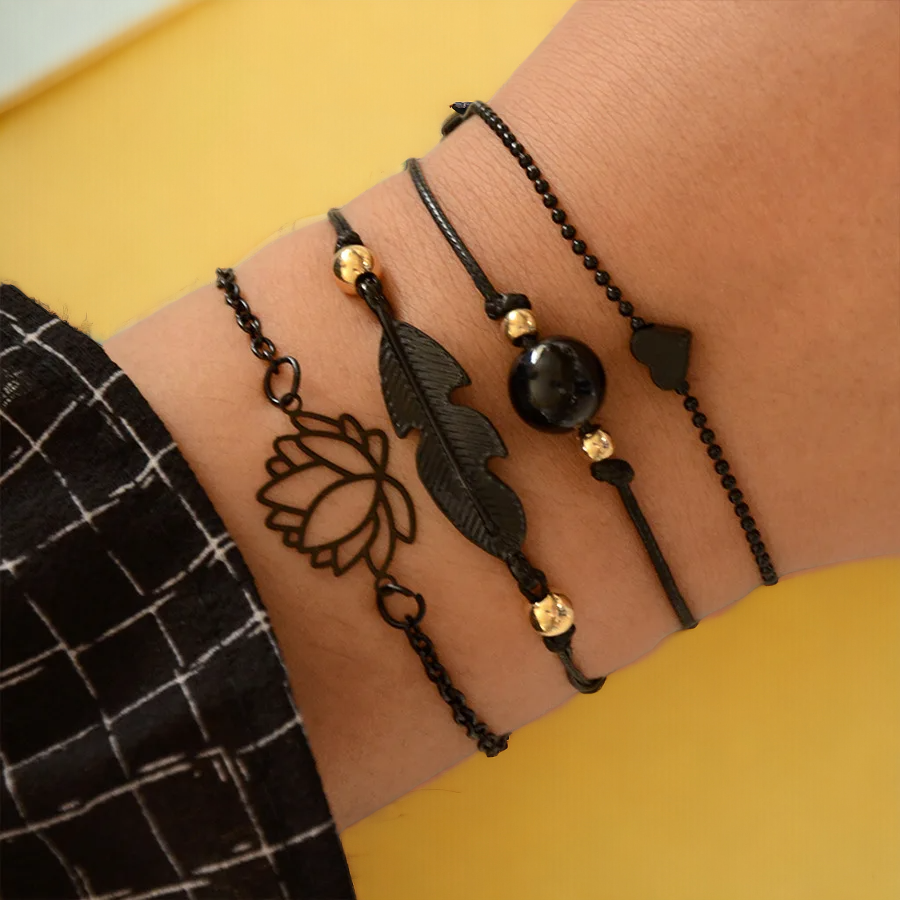 New Fashion Gothic Black Feather Bracelets Set for Women Heart Charm Bangles Female Wrist Chain Bracelets Boho Jewelry - Elegant and Stylish Gothic Accessories by SobPai