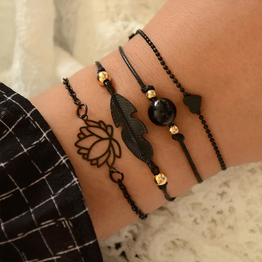 New Fashion Gothic Black Feather Bracelets Set for Women Heart Charm Bangles Female Wrist Chain Bracelets Boho Jewelry - Elegant and Stylish Gothic Accessories by SobPai - Image 3