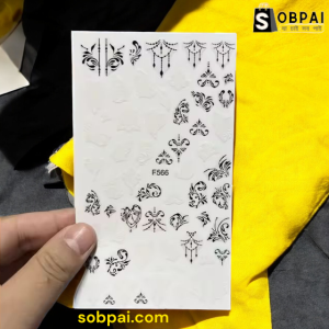 Elegant Floral Lace and Geometric Line Nail Art Stickers, Black and White Abstract Design, 3D Decoration for Nails