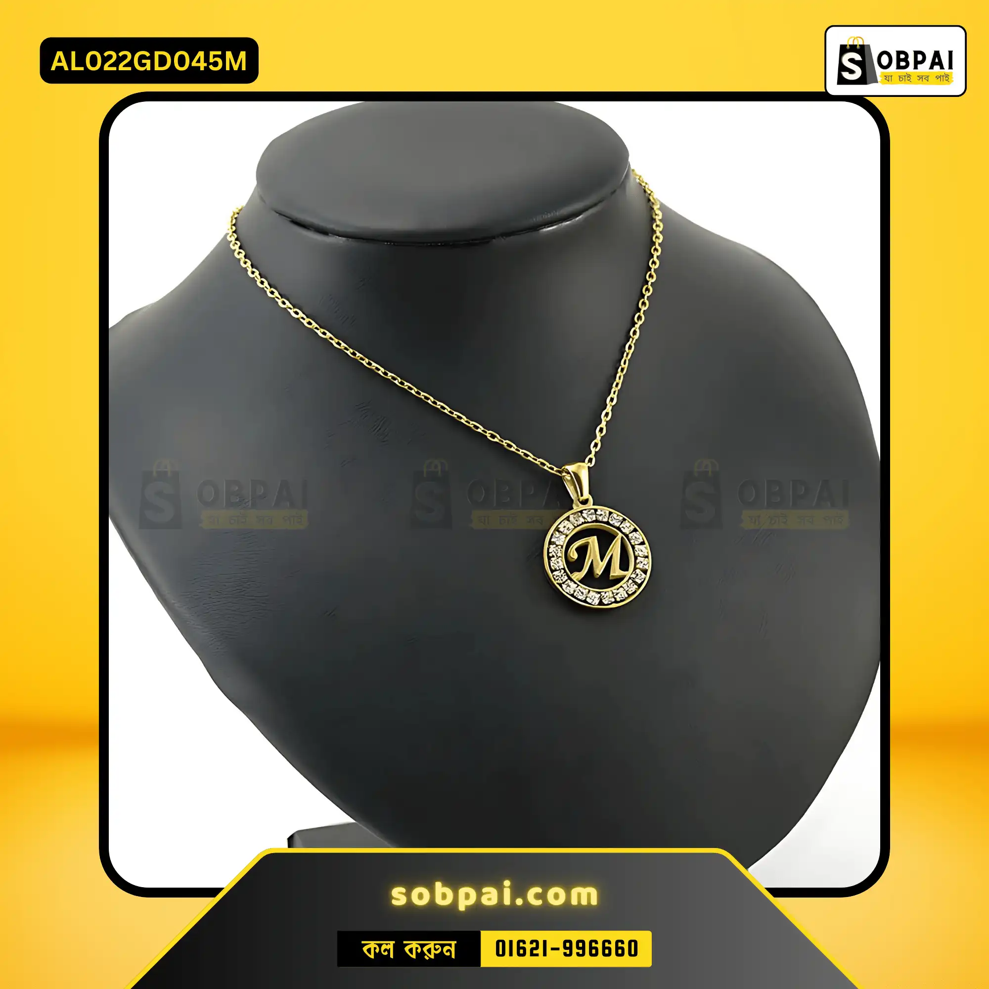 Trendy Stainless Steel Crystal M Necklace (Gold) - Image 3