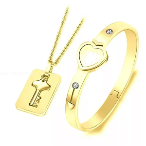 Stainless Steel Love Heart Lock Bracelets Bangles Key Pendant Necklace Couples Set - High-Quality Titanium Charm Bracelets with Hidden Safety Clasp - Perfect Gift for Valentine's Day, Anniversary, Birthday, Wedding, Engagement, Thanksgiving, Christmas