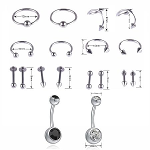 SobPai  Professional Piercing Kit - Surgical Steel Jewelry with 14G 16G 18G Piercing Needles, Disposable Clamps, Alcohol Pads, and Latex Gloves for Nose, Lip, Eyebrow, Belly, and Tongue Piercings