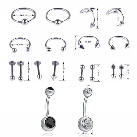 SobPai Professional Piercing Kit - Surgical Steel Jewelry with 14G 16G 18G Piercing Needles, Disposable Clamps, Alcohol Pads, and Latex Gloves for Nose, Lip, Eyebrow, Belly, and Tongue Piercings