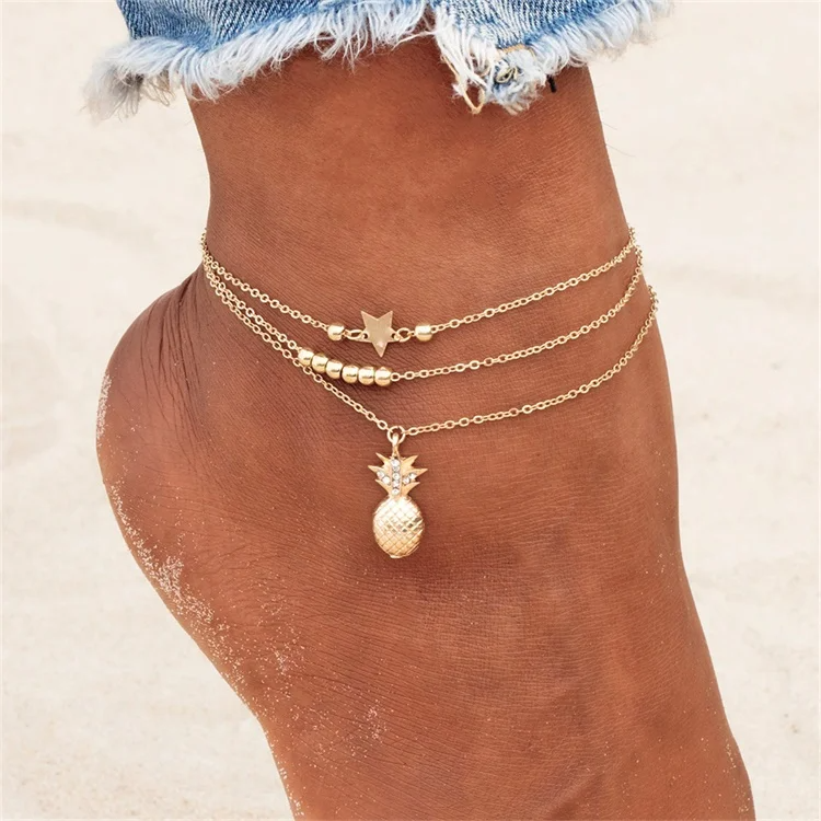 SobPai Bohemian Pineapple Pendant Anklet for Women - Summer Beach Style Beaded Ankle Bracelet - Fashion Foot Jewelry in Gold and Silver - Perfect for 2024 Season with Versatile Design Options - Image 3