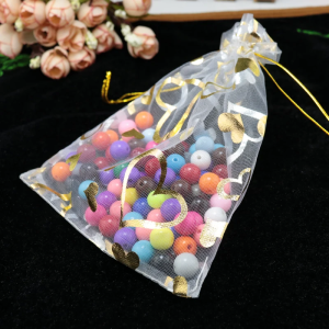 White Organza Bags with Heart Design for Wedding Favors, Candy, Gifts, Cosmetics, and Jewelry Packaging - Elegant Drawstring Pouches by SobPai"