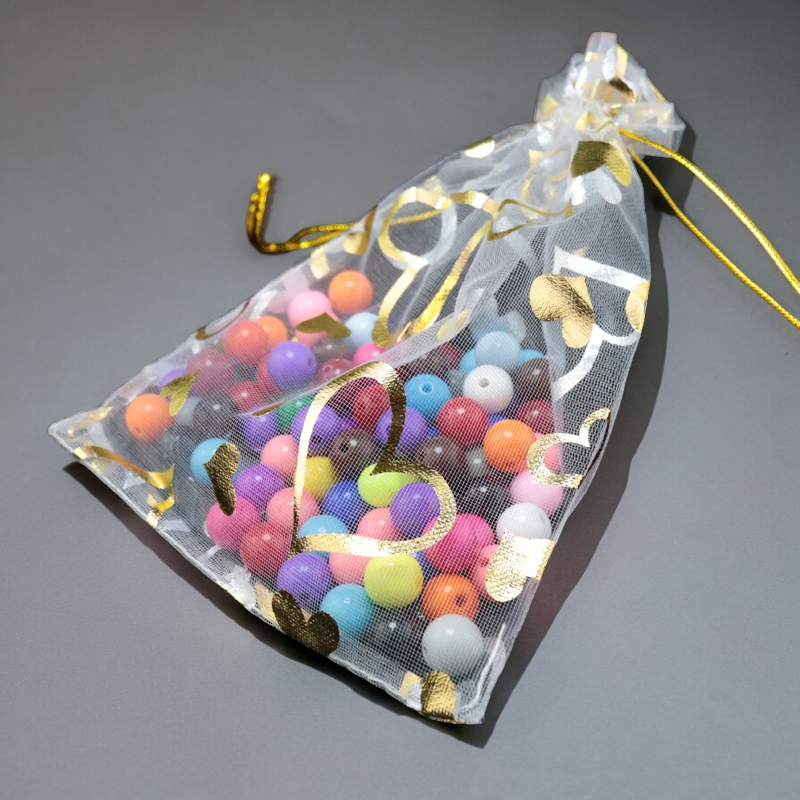 White Organza Bags with Heart Design for Wedding Favors, Candy, Gifts, Cosmetics, and Jewelry Packaging - Elegant Drawstring Pouches by SobPai"