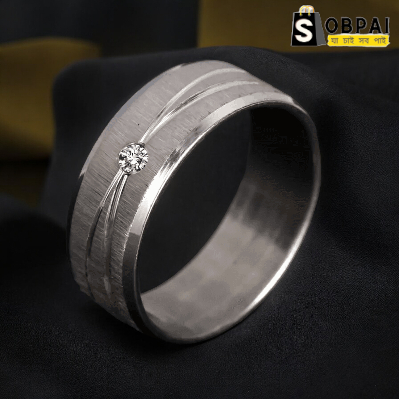 SobPai Unisex Brushed Steel Ring with Laser Cut Design and Cubic Zirconia Crystal ? Men's and Women's Wedding Band - Image 3
