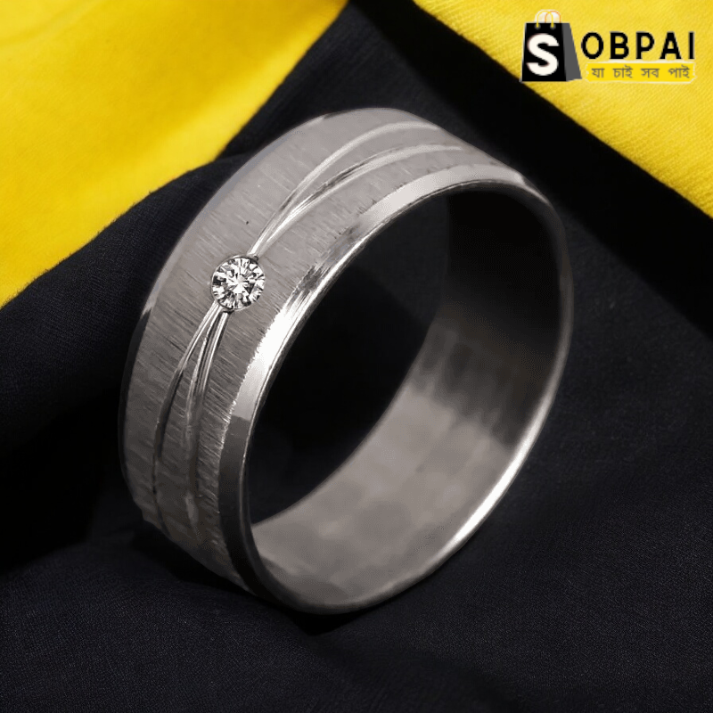 SobPai Unisex Brushed Steel Ring with Laser Cut Design and Cubic Zirconia Crystal ? Men's and Women's Wedding Band