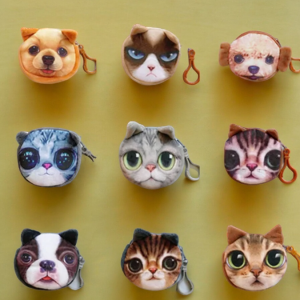 SobPai 3D Cat/Dog Face Coin Purse - Cute Plush Zipper Wallet for Kids and Adults, Animal Design Small Makeup Bag and Storage Pouch
